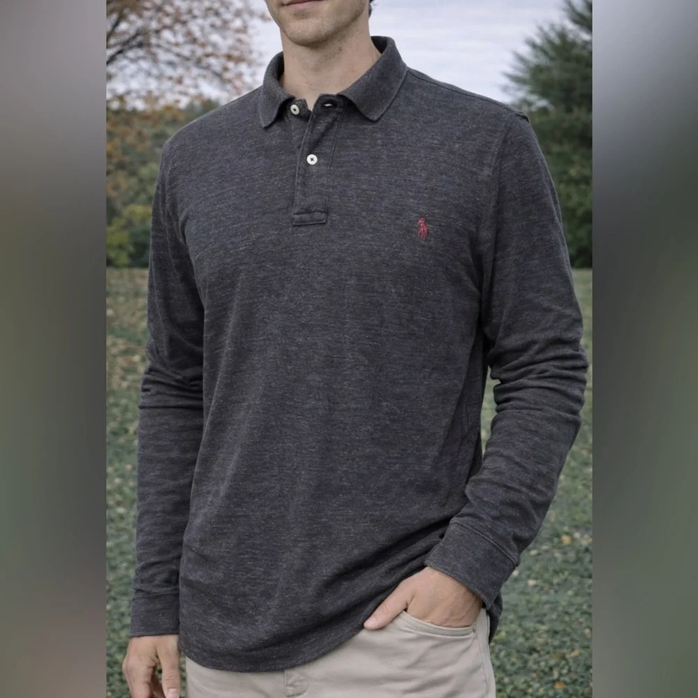 -Polo Ralph Lauren Charcoal Cool Cross Dyed Pattern L/S Polo Shirt Men's Sz XXL